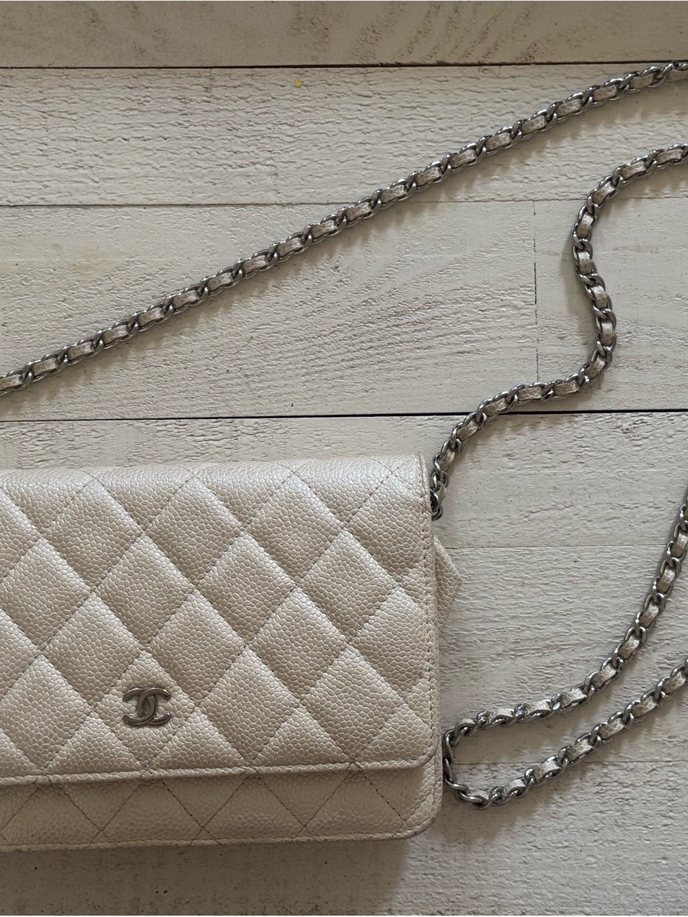 CHANEL Pearl Cream Quilted Wallet-On-Chain with Silver Chain